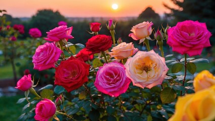 Colorful roses blooming in the garden at sunset