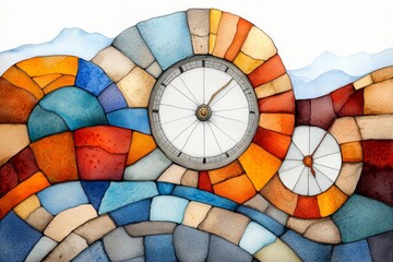 Fototapeta premium A whimsical watercolor depiction of colorful clock gears spinning in a dreamy, surreal scene
