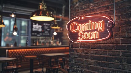Glowing Neon Coming Soon Sign in Trendy Industrial Cafe Interior for Creative Design