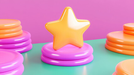 Bright and colorful star icon on layered circular platforms, radiating positivity and excellence