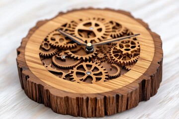 A wooden clock frame housing metallic gears, blending rustic charm with mechanical precision
