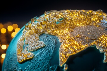 Fototapeta premium An ultra-detailed close-up of a globe showing textured mountain ranges and ocean depths, illuminated by natural sunlight for a lifelike effect