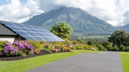 Fototapeta premium Solar panels on a residential roof facing a scenic mountain landscape under a cloudy sky.