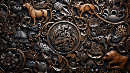 Wooden carving of animals and plants