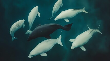 A mesmerizing underwater scene featuring a group of majestic beluga whales swimming gracefully together.