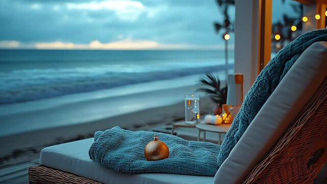 A wicker chaise lounge with a blue blanket and a gold Christmas ornament sits on a beach with a view of the ocean at sunset.