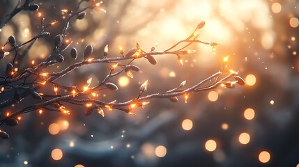 A dreamy close-up of glowing Christmas lights wrapped around a snowy tree branch, with a blurred festive background