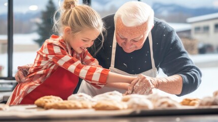 Elderly caucasian male and young caucasian female baking together in kitchen