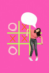 Trend artwork composite banner 3D photo collage of line zero cross game combination win lose young lady confused stand speech cloud talk