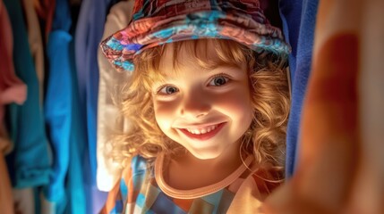 Fototapeta premium Smiling caucasian child with curly hair wearing colorful hat