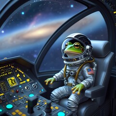 Frog Astronaut Traveling in Spacecraft Cockpit Viewing the Galaxy