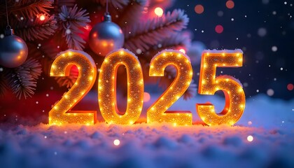 Gold Numbers 2025 With Sequins And Glitter On A gold snowy background Christmas New Year Greeting Card