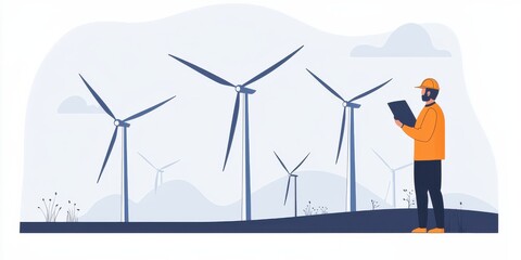 Fototapeta premium A worker in an orange jacket stands near wind turbines, using a tablet in a scenic landscape, representing renewable energy and technology.