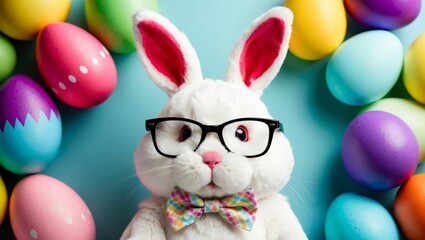 Fototapeta premium Cute easter bunny wearing glasses amid colorful eggs
