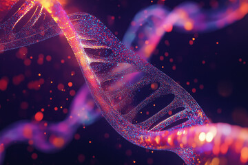 Abstract visualization of a colored DNA molecule structure representing genetic code with double helix pattern and molecular bonds