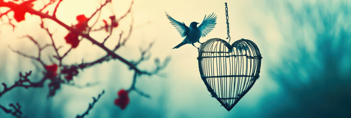 Obraz premium Bird Flying Near a Heart-Shaped Cage on a Branch 