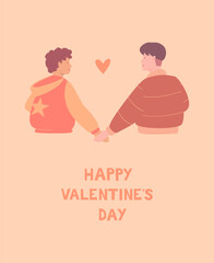 A cute couple of guys in love holding hands and looking into each other's eyes. Greeting card, valentine card, poster
