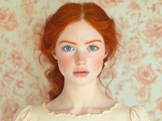 Beautiful woman with red hair, blue eyes. Classic style vintage portrait. Soft lighting highlights natural beauty. Close-up facial expression with soft freckles. Feminine beauty in white dress with