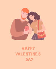 A cute smiling couple hugging and taking a selfie. Greeting card, valentine card, poster