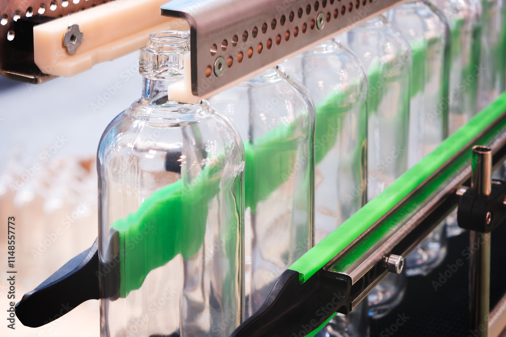 Poster a line of bottles with a green band on them. the bottles are clear and are being filled