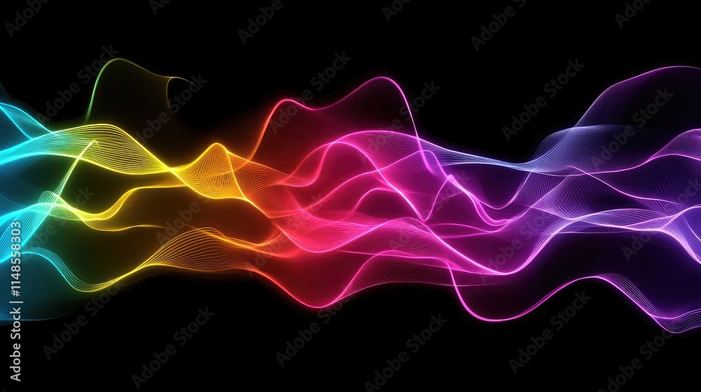 Poster abstract line background with overlapping waveforms in bright neon colors on a dark backdrop.