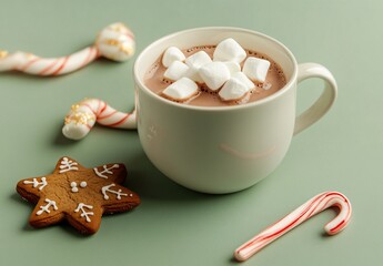 Cozy Christmas Hot Chocolate with Marshmallows and Gingerbread Cookie