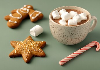 Cozy Christmas Hot Chocolate with Gingerbread Cookies and Candy Cane