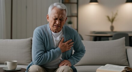Elderly caucasian man experiencing chest pain in modern living room setting