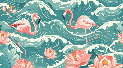 Seamless pattern featuring stylized ocean waves and flamingos surrounded by blooming water lilies in pastel colors