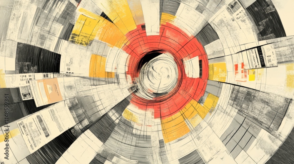 Poster colorful abstract design featuring concentric circles in black, white, yellow, and red with a dynami