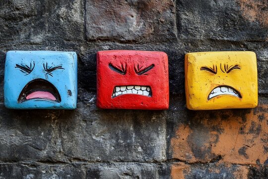 Esculturas de rostros coloridos con expresiones de enojo y tristeza sobre pared de ladrillo texturizado