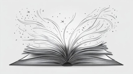Clean line art of an open book with flowing lines representing knowledge and learning.