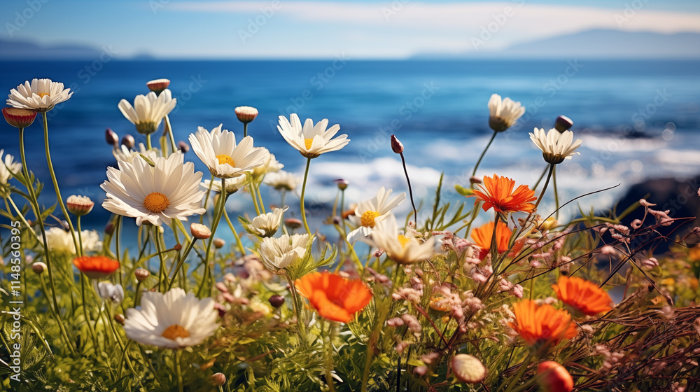 Canvas Prints Field of flowers with a blue ocean in the background