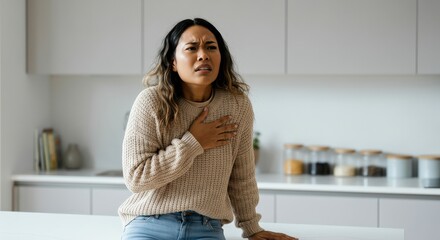 Young hispanic woman experiencing discomfort in modern kitchen setting
