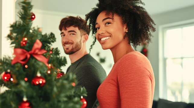 Young african woman and caucasian man decorating christmas tree with ornaments
