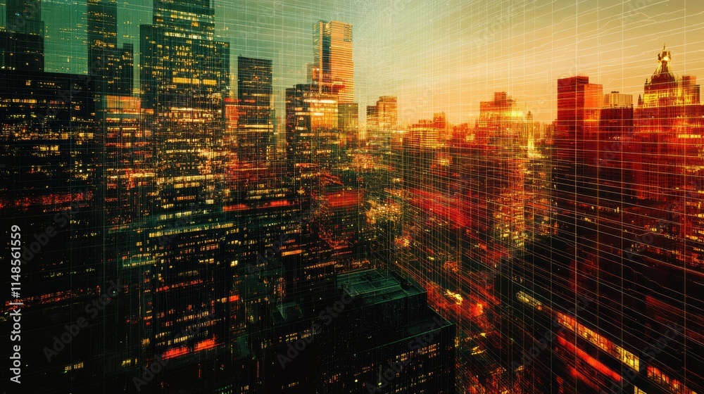 Poster City skyline illuminated by sunset with digital neural network integration representing artificial intelligence. Generative AI