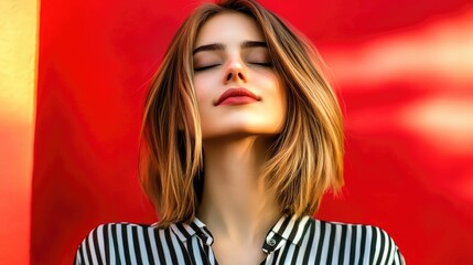 Naklejka premium Caucasian young female with bob hairstyle in striped shirt against red background