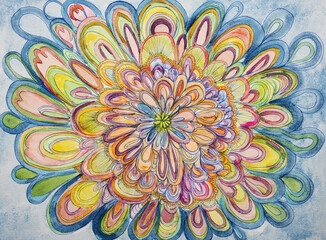 Decorative floral mandala doodle with bright colors. The dabbing technique near the edges gives a soft focus effect due to the altered surface roughness of the paper.