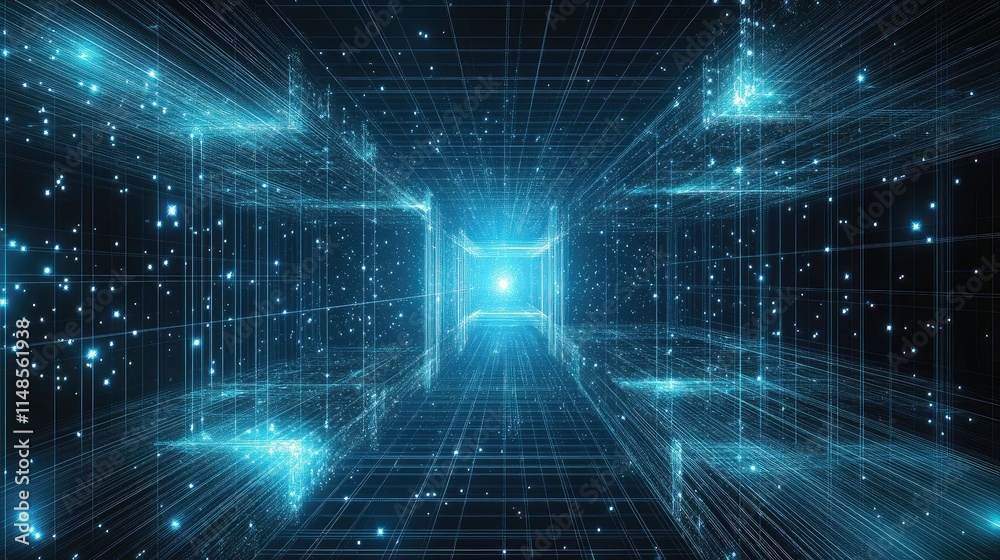 Poster futuristic line background with glowing lines forming 3d cube patterns in space.
