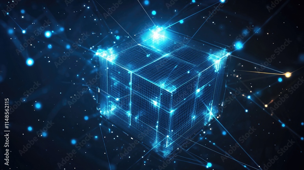 Poster futuristic line background with glowing lines forming 3d cube patterns in space.