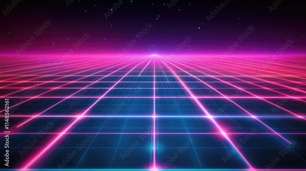 Poster futuristic line background with glowing neon lines forming a grid pattern on a dark background.