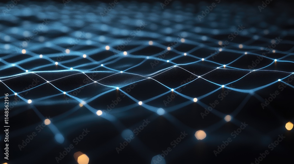 Poster futuristic line background with glowing neon lines forming a grid pattern on a dark background.