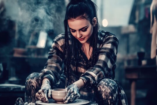 Young caucasian female artist sculpting clay pot in ceramic studio