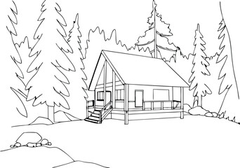 Continuous One Line Art Drawing Illustration Of A Cozy Cottage In A Serene Forest