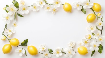 Hand-drawn lemon tree branches with vibrant blooms and ripe lemons on a crisp white background, showcasing nature's beauty in a fresh and artistic representation.