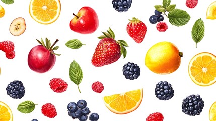 Fresh fruits on a white background with a mountain in the background.