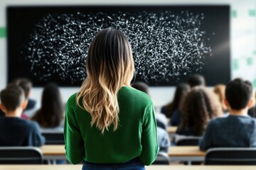 Female teacher in classroom focused on complex chalkboard equation