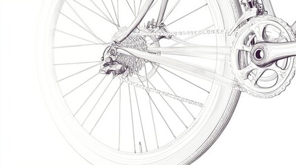 Line art of a bicycle wheel with intricate spoke details, isolated on a white background.