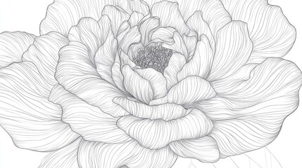 Line art of a blooming rose with intricate petal details, isolated on a white background.