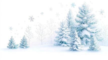 Obraz premium Winter Pine Forest Illustration, hand-painted conifer trees adorned with falling snow, captures a serene Christmas ambiance, perfect for festive decorations or seasonal art.